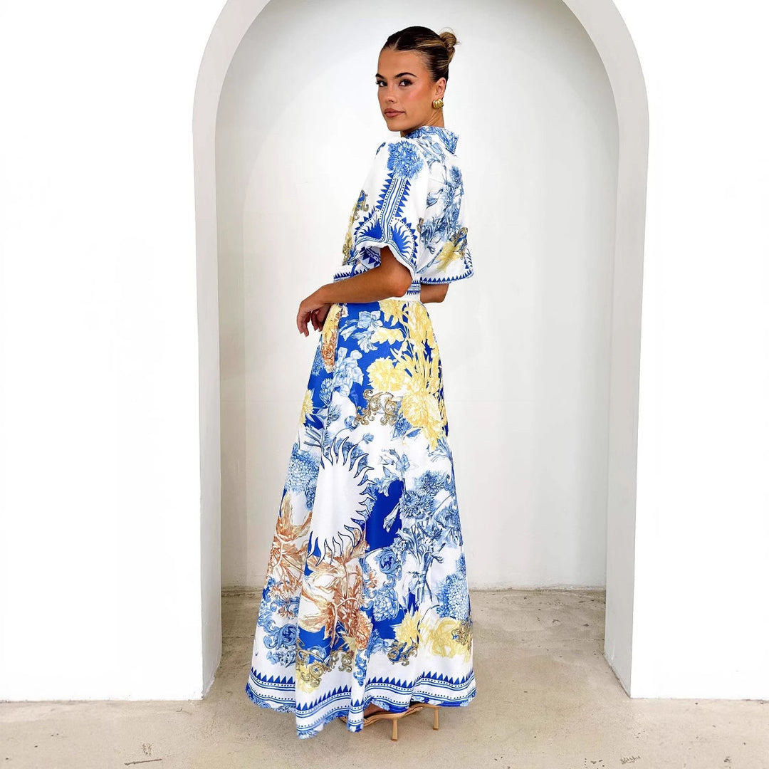 Damen Maxikleid mit floralem Knopfleisten-Design und tailliertem Gürtel EB