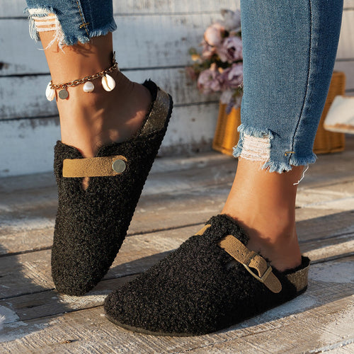 Damen Hausschuhe mit kuscheligem Fell und modischem Schnallen-Design EB