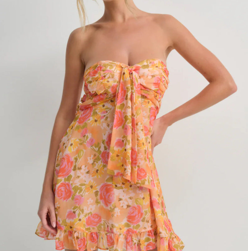 Damen nan trägerloses Chiffon-Sommerkleid mit Blumenmuster Bandeau-Oberteil und Volantbesatz EB