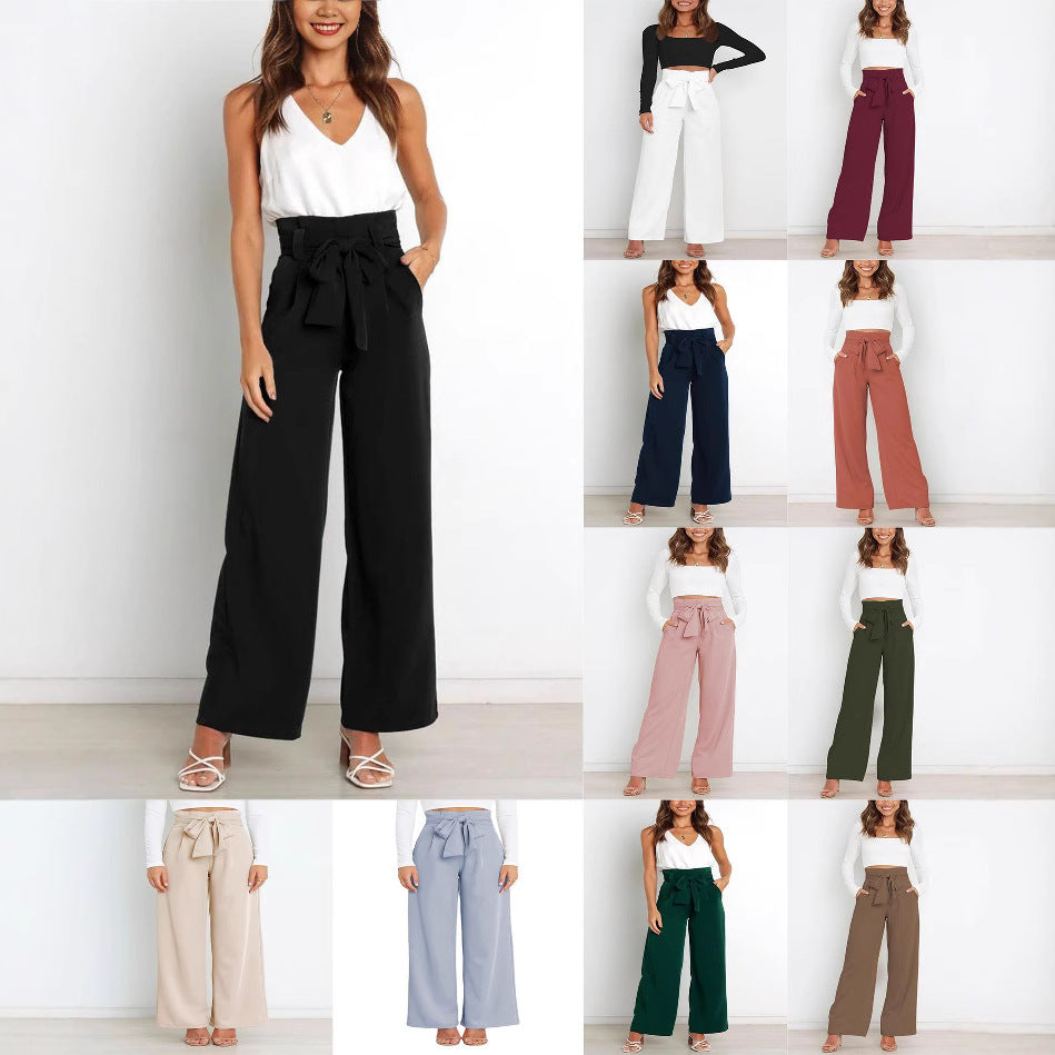 Damen Weit geschnittene High-Waist-Hose mit Binde-Gürtel und Taschen EB