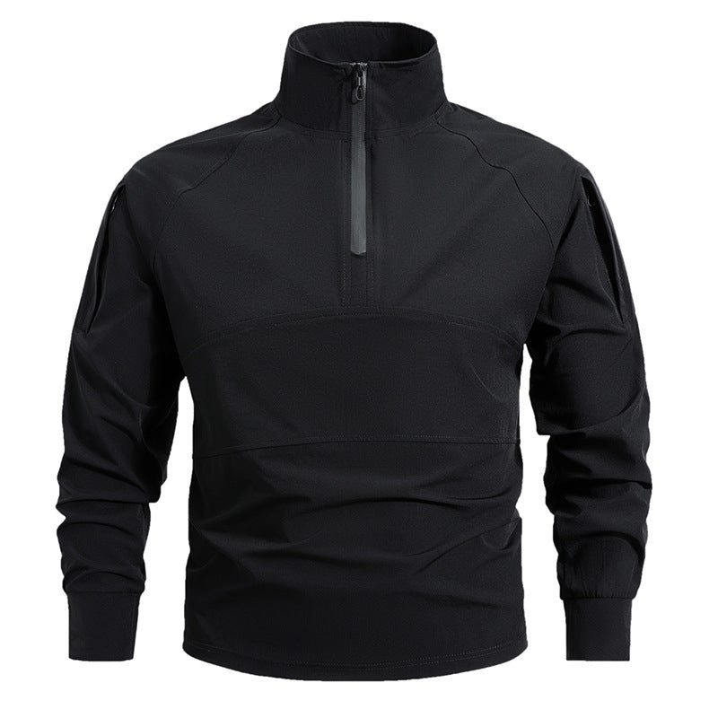 Herren nan leichtes taktisches Zip-Pullover mit hohem Kragen Schulterklappen und verdeckten Reißverschlusstaschen EB