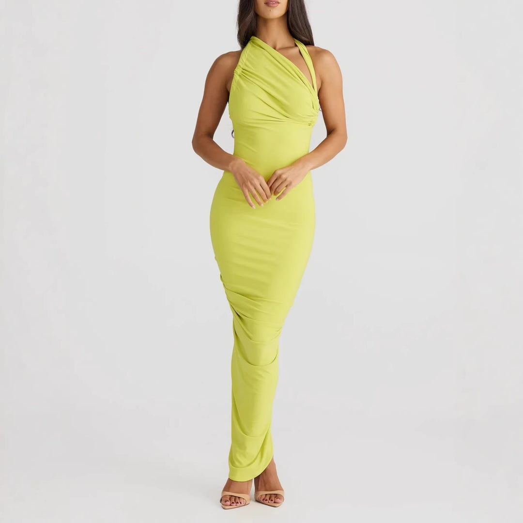 Damen Elegantes langes Wickelkleid mit schulterfreiem Design und gerafftem Oberteil EB