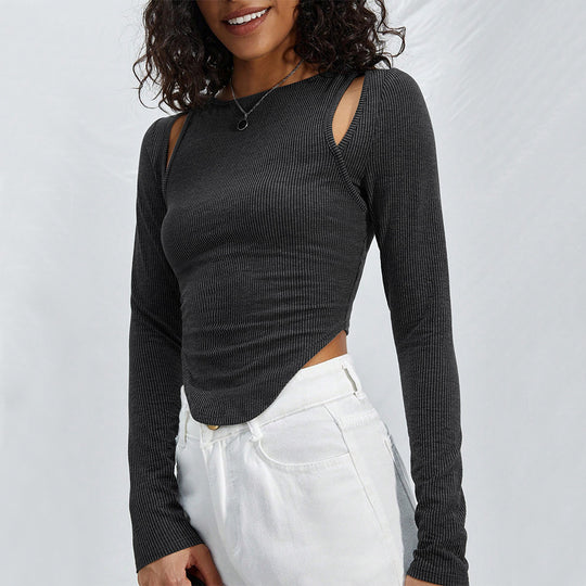 Damen geripptes Langarmshirt mit Cut-Out-Schultern und asymmetrischem Saum Eichborn Berlin