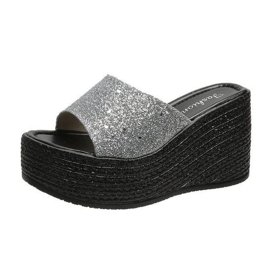 Damen Wedge-Pantoletten mit glitzerndem Obermaterial und rutschfester Sohle EB