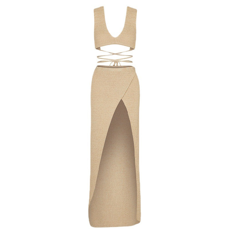 Damen elegantes Kleid mit tiefem Schlitz und verspielten Trägern EB