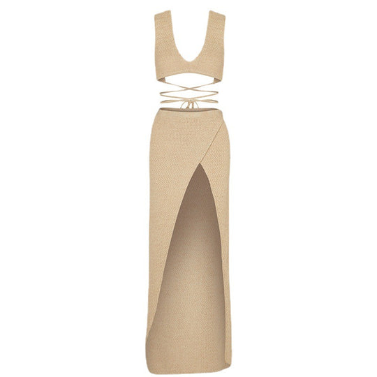Damen elegantes Kleid mit tiefem Schlitz und verspielten Trägern EB