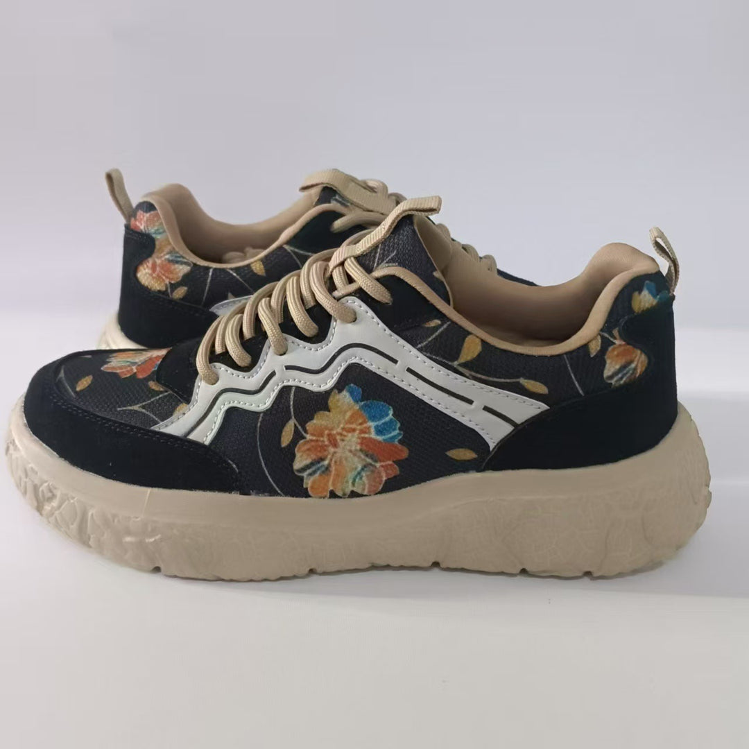 Damen nan modische Plateau-Sneaker mit floralem Canvasmuster und Velourslederbesatz EB