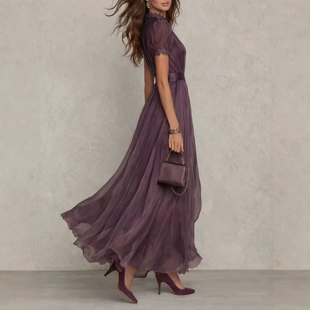 Damen nan langes Chiffon-Abendkleid mit Spitzen‑Stehkragen, Schlüsselöffnung und taillierter Schärpe EB