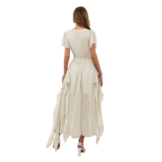Damen Maxi-Kleid mit fließendem Rüschendesign und V-Ausschnitt EB