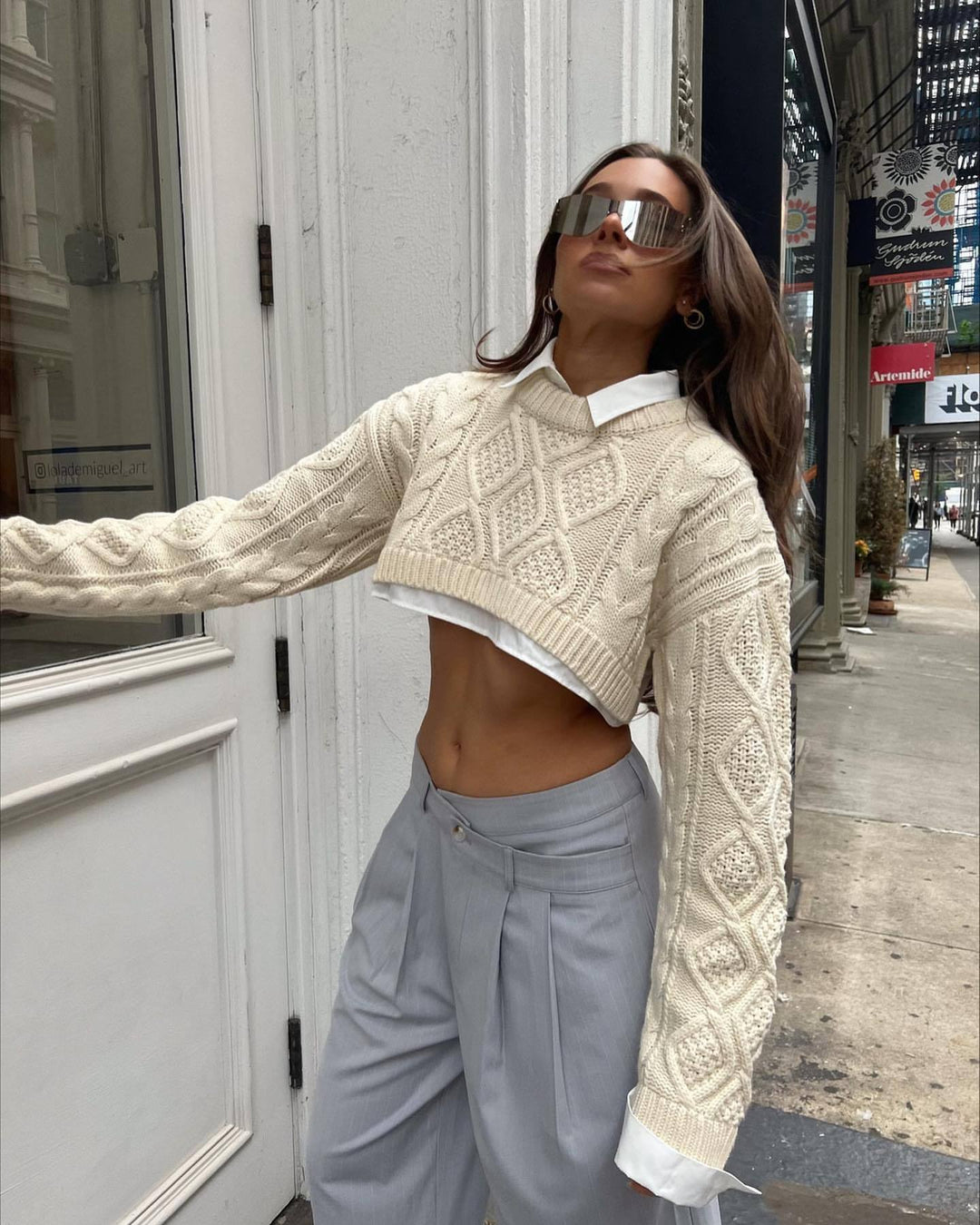 Damen Strickpullover im lässigen Cropped-Stil mit Zopfmuster EB