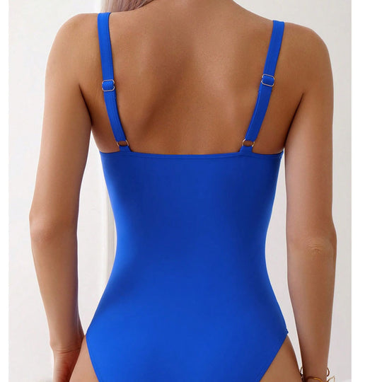Damen Einteiler Badeanzug mit elegantem V-Ausschnitt und modischem Schmuckdetail EB