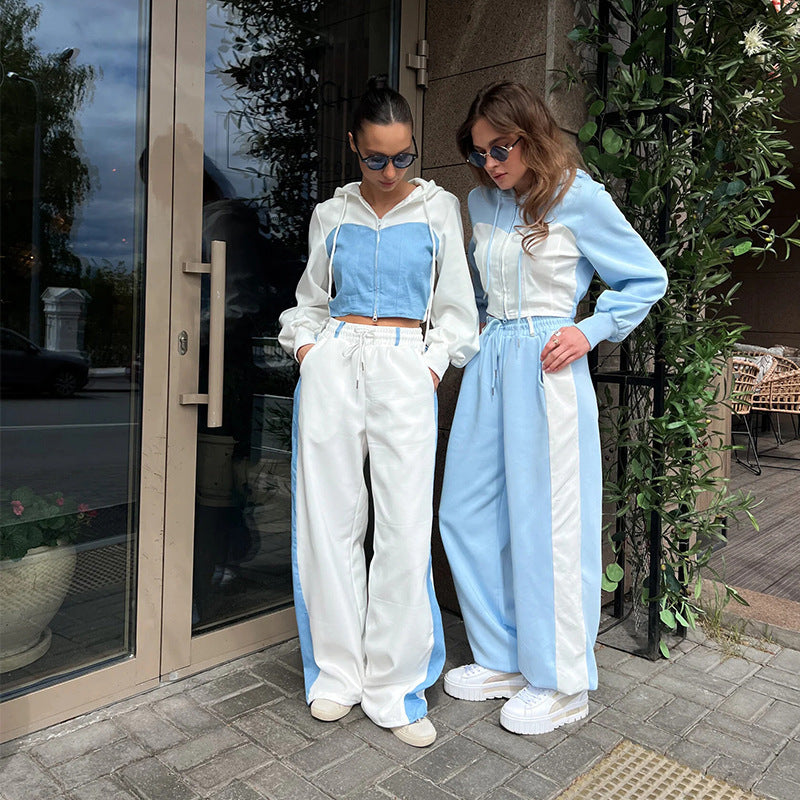 Damen nan zweiteiliges Cropped-Hoodie-Set mit Reißverschluss, elastischem Komfortbund und weitem Seitenstreifen-Hose EB
