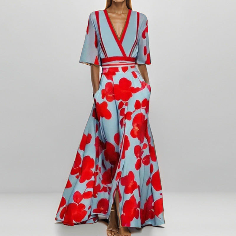 Damen Maxikleid mit Wickeloberteil, Taillengürtel und fließendem Satinrock EB