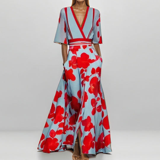 Damen Maxikleid mit Wickeloberteil, Taillengürtel und fließendem Satinrock EB