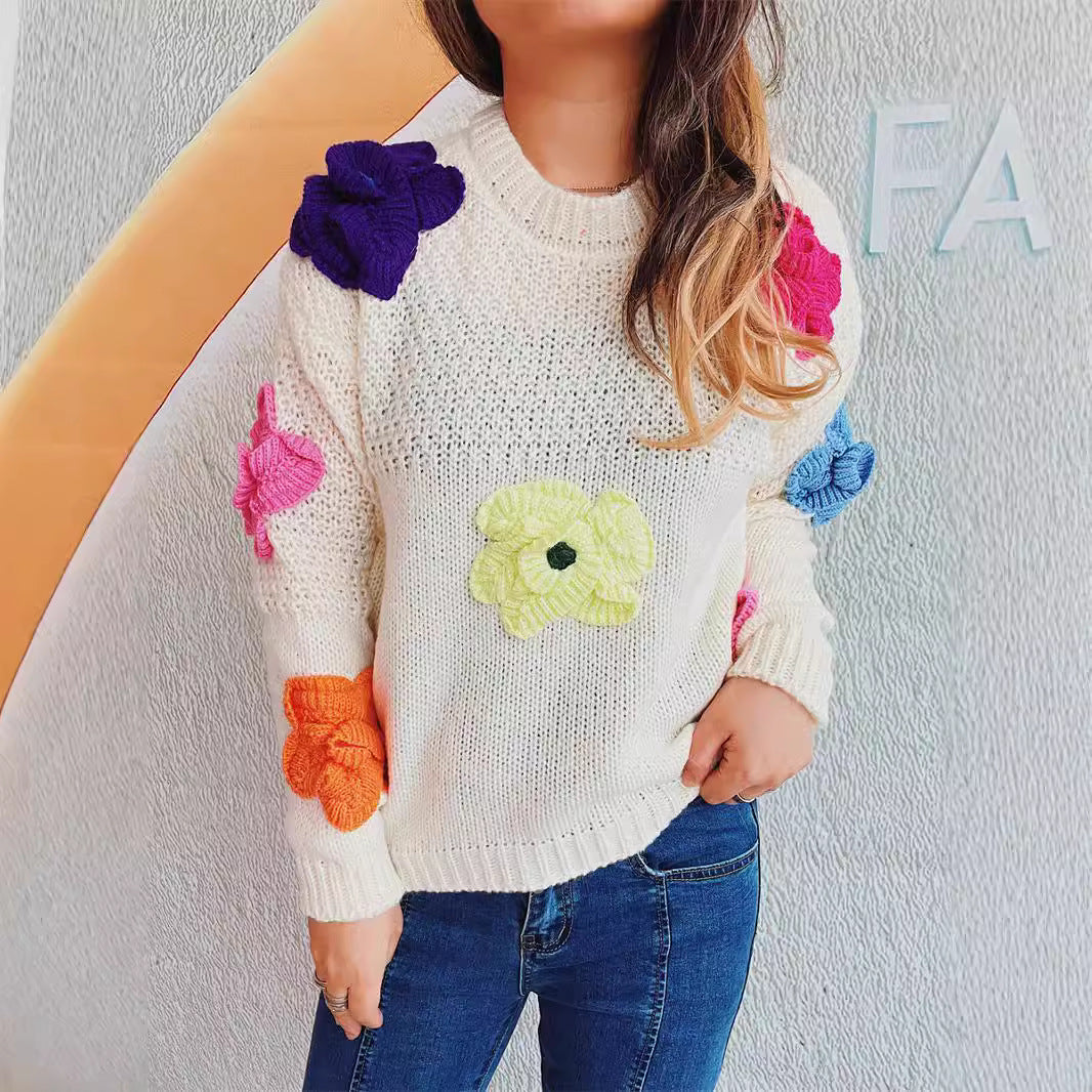 Damen kuscheliger Strickpullover mit floralem 3D-Motiv EB