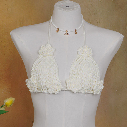 Damen Häkel-Bikini-Oberteil mit floralen Akzenten und verstellbaren Trägern EB