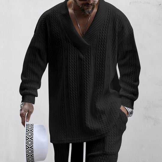 Herren nan oversized Kabelstrick V-Ausschnitt Pullover mit Relaxhose Set EB