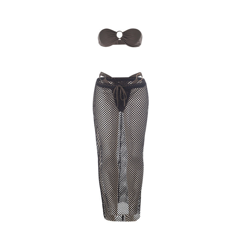 Damen Netz-Midirock mit hohem Schlitz und elastischem Bund EB