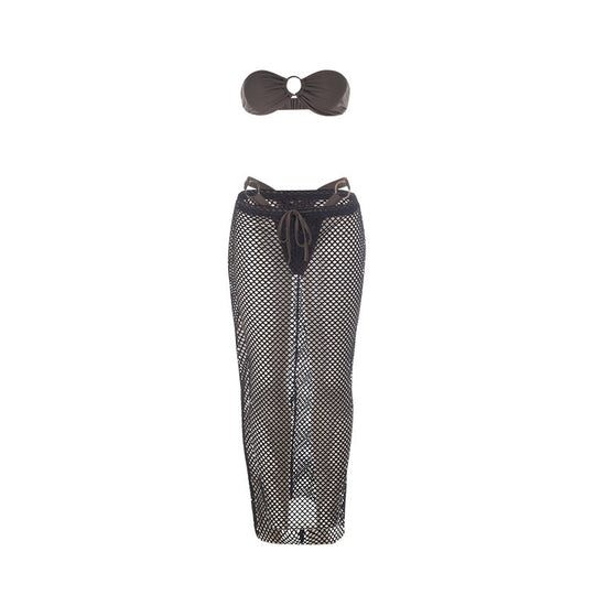 Damen Netz-Midirock mit hohem Schlitz und elastischem Bund EB