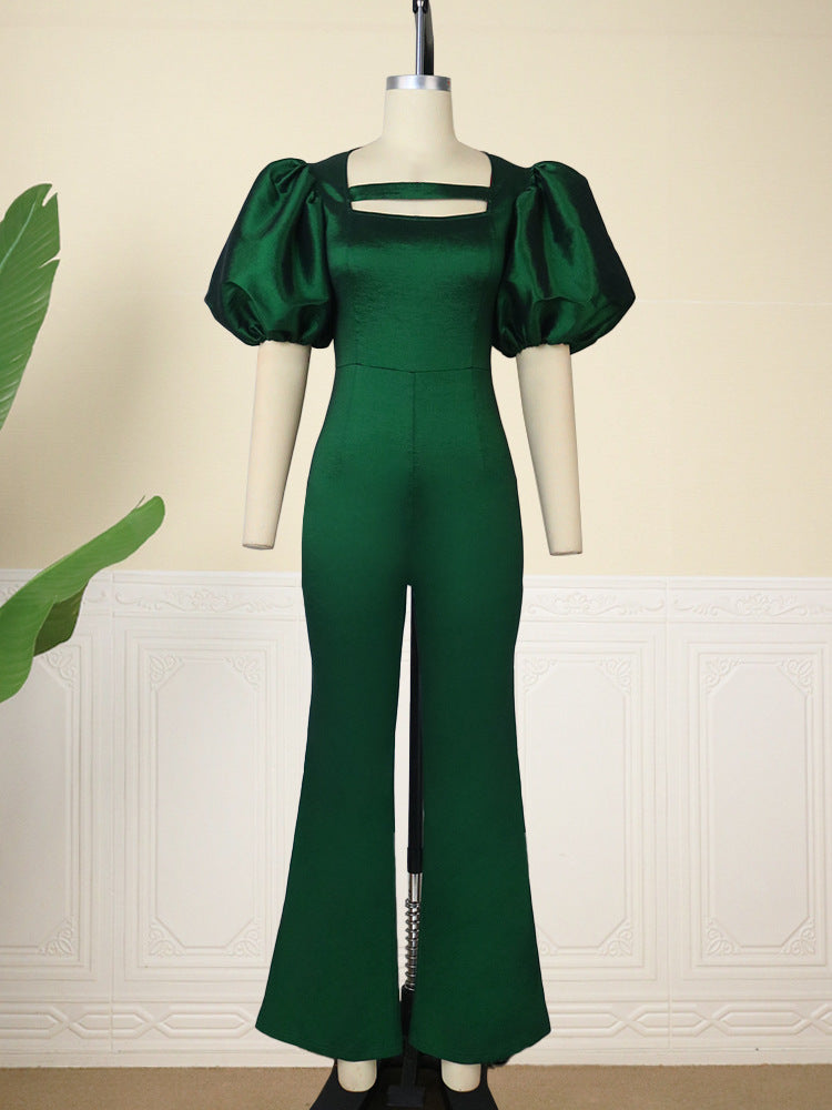 Damen eleganter Overall mit Puffärmeln und quadratischem Ausschnitt EB