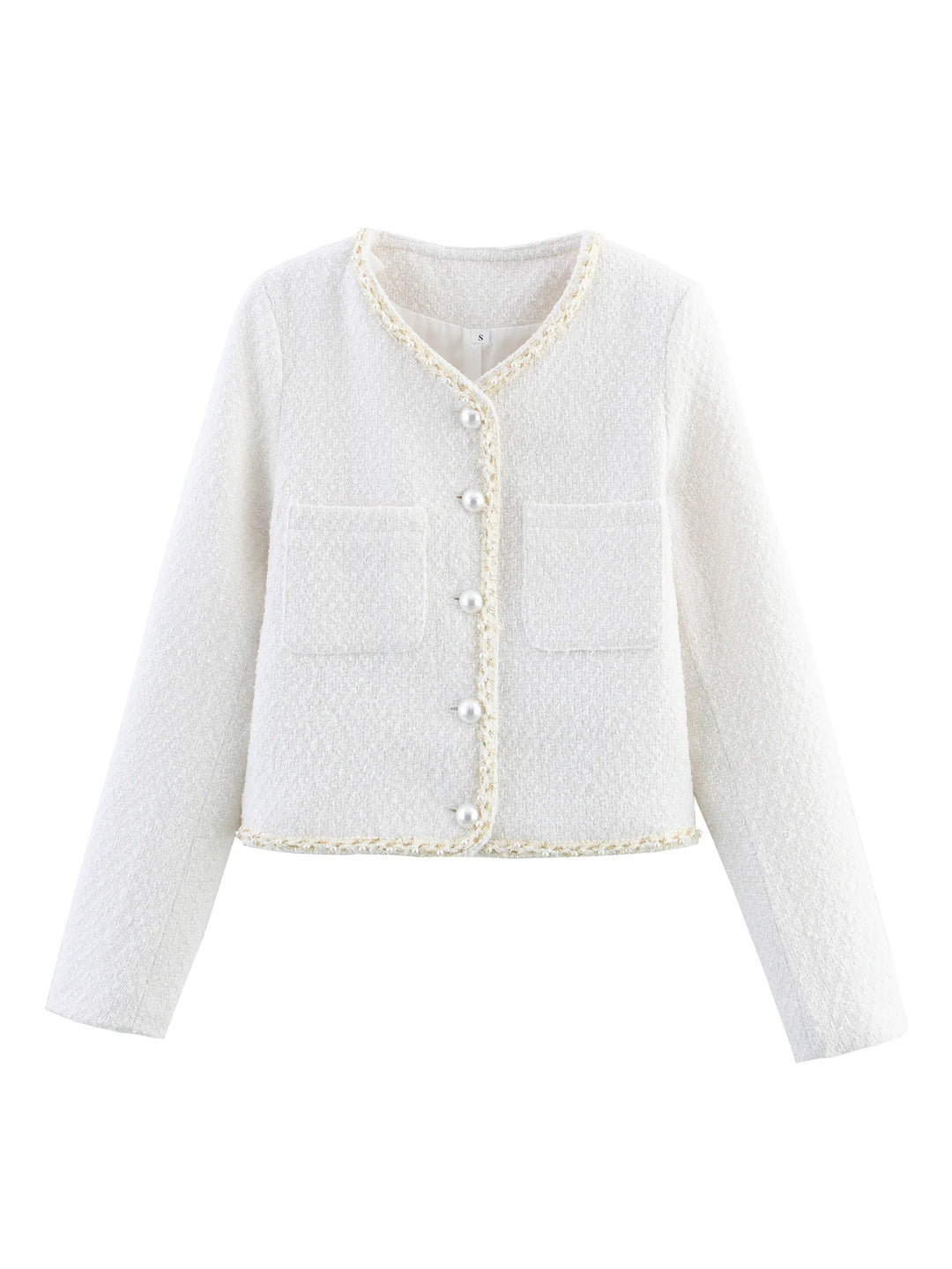 Damen elegante Kurzarmpulloverjacke mit perlverzierten Knöpfen und aufgesetzten Taschen EB