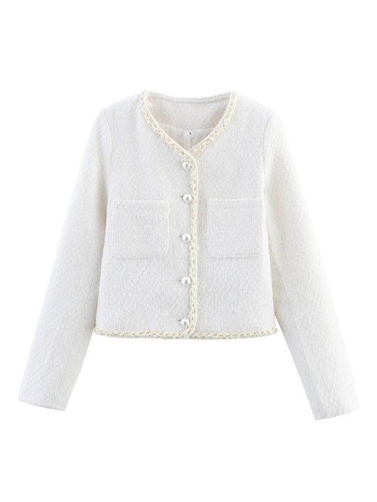 Damen elegante Kurzarmpulloverjacke mit perlverzierten Knöpfen und aufgesetzten Taschen EB