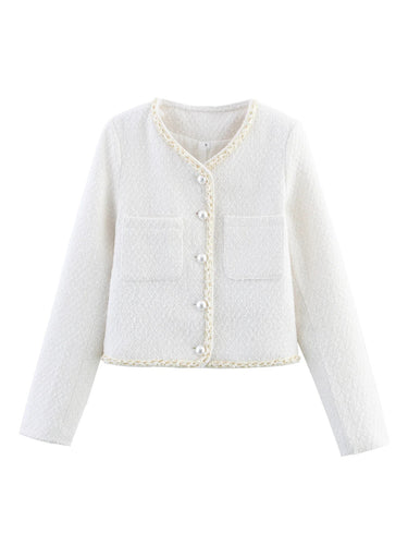 Damen elegante Kurzarmpulloverjacke mit perlverzierten Knöpfen und aufgesetzten Taschen EB