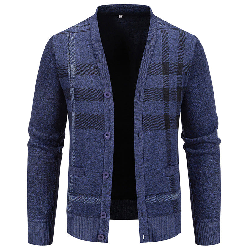 Herren stilvolle Strickjacke mit modernem Karomuster und praktischen Taschen EB