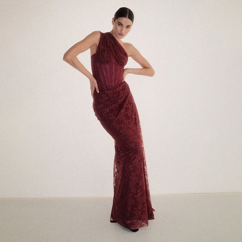 Damen elegantes Abendkleid mit asymmetrischem One-Shoulder-Design und floralem Spitzenbesatz EB