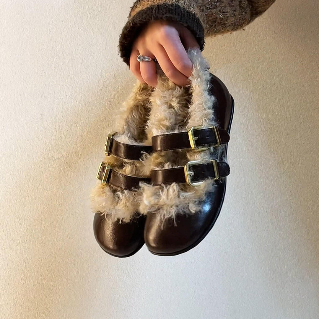 Damen Clogs mit kuscheligem Kunstfellkragen und modischen Schnallen EB