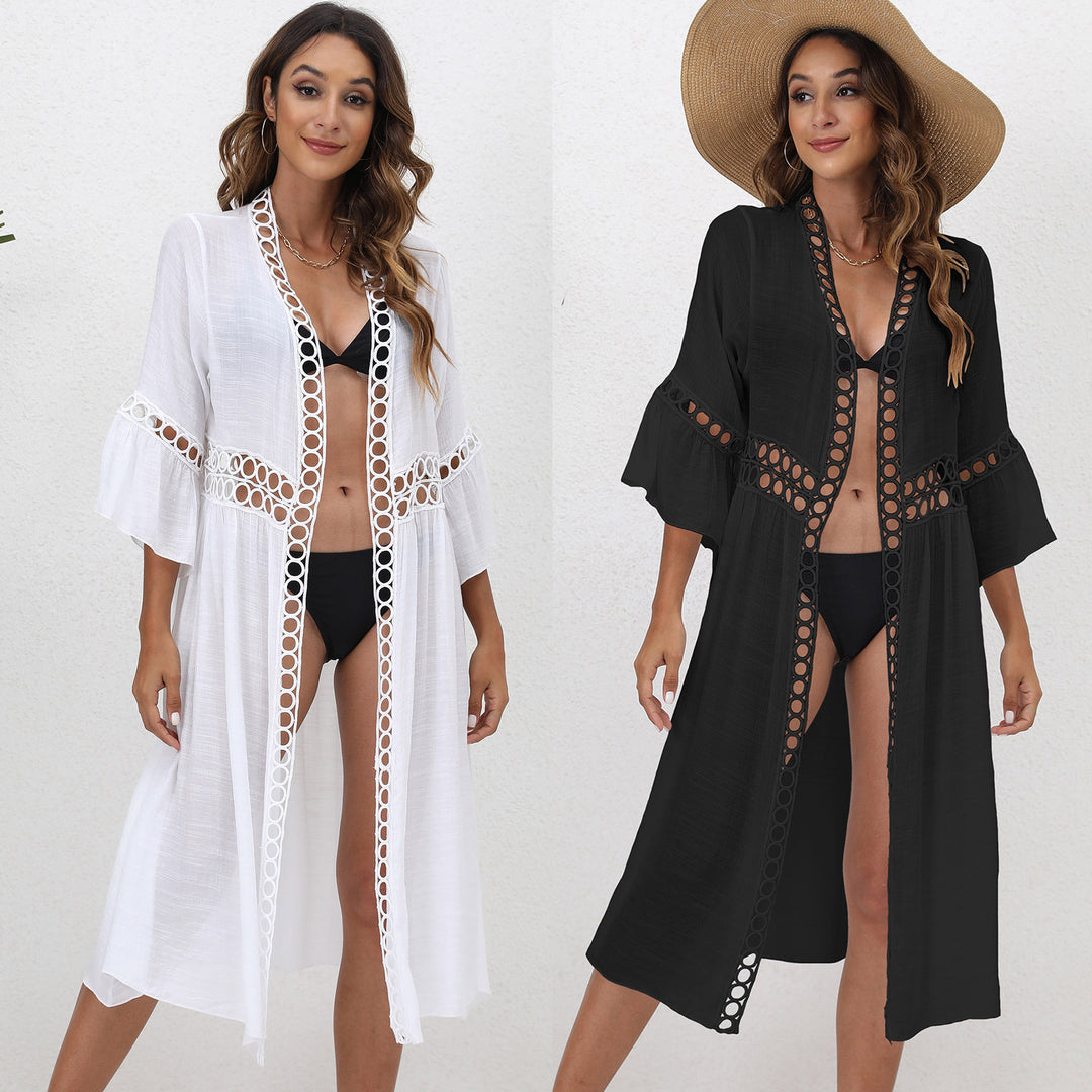 Damen eleganter langer Kaftan mit Häkelakzenten EB