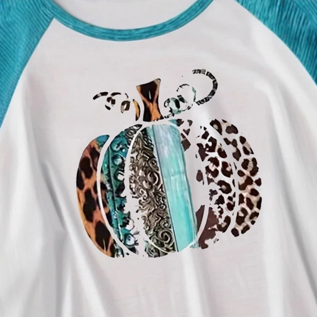 Damen Langarmshirt mit kreativem Kürbis-Design und kontrastierenden Ärmeln EB