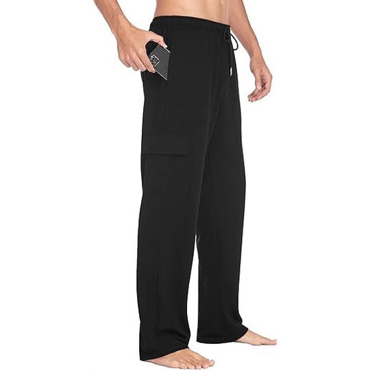 Herren nan komfortable Cargo-Loungehose mit elastischem Bund, Kordelzug, geradem Bein und aufgesetzten Klappentaschen EB