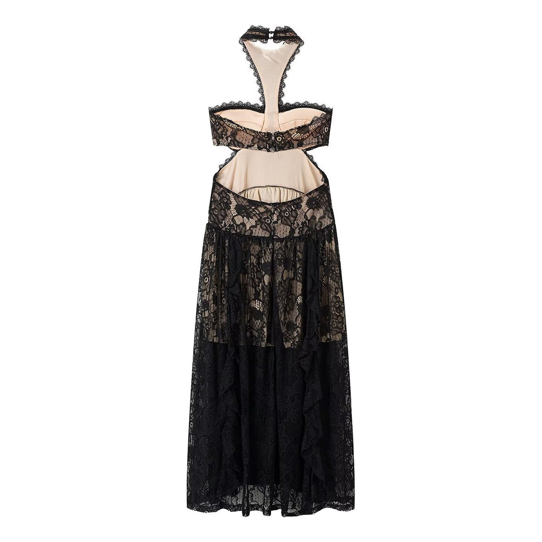 Damen Spitzenmaxikleid mit raffinierten Rüschendetails und elegantem Halterneck EB
