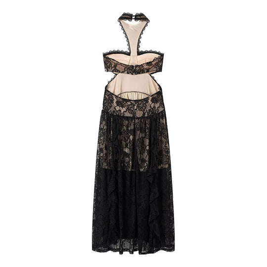 Damen Spitzenmaxikleid mit raffinierten Rüschendetails und elegantem Halterneck EB