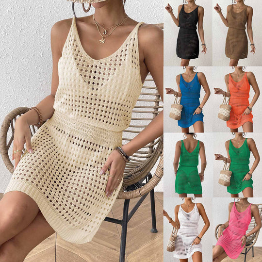 Damen Häkel-Strandkleid mit netzartigem Lochmuster und verstellbarem Schnitt EB