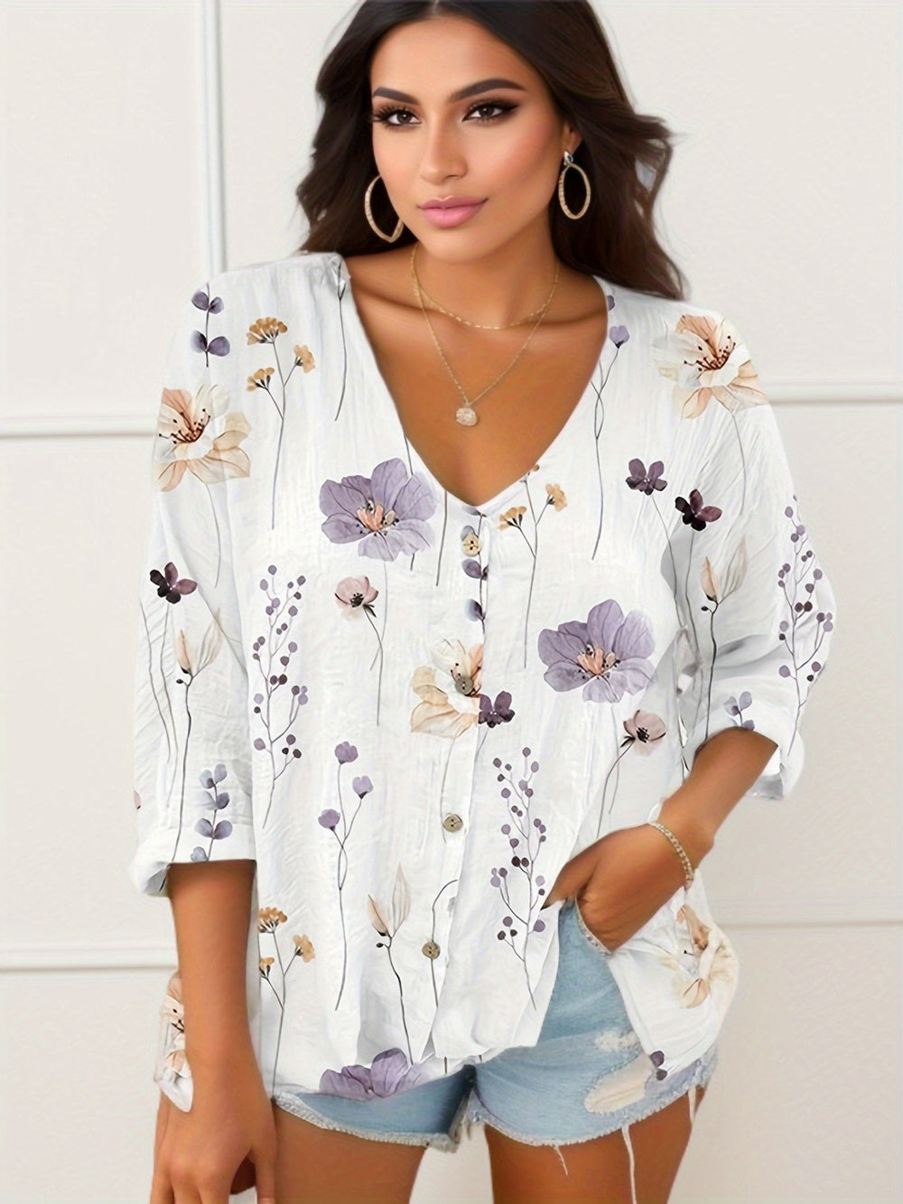 Damen Lässiges Blusenshirt mit floralem Druck und Knopfverschluss EB