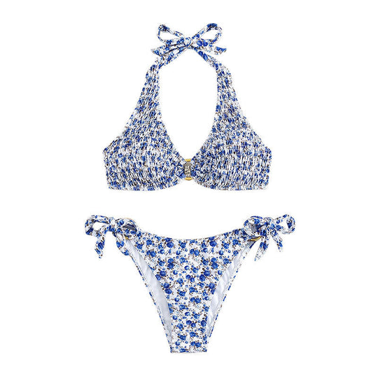 Damen Triangel-Bikini mit verspieltem Blumenmuster und komfortablen Schleifen EB