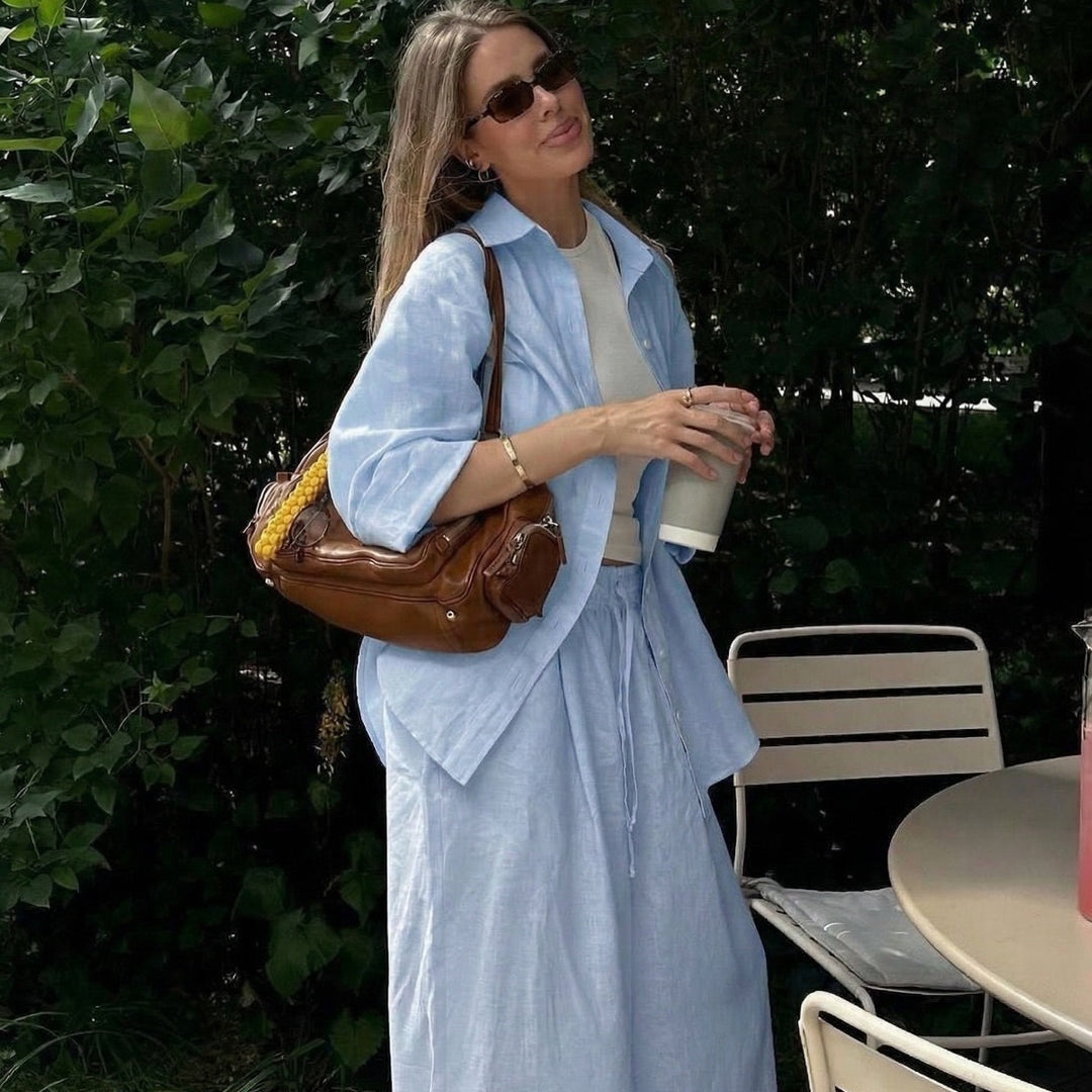 Damen nan luftiges Leinen-Loungeset mit Oversize-Hemd und weiter Bundhose mit Gummizug EB