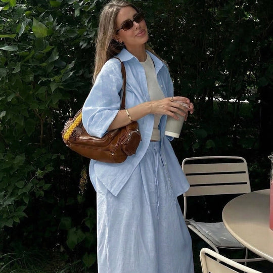 Damen nan luftiges Leinen-Loungeset mit Oversize-Hemd und weiter Bundhose mit Gummizug EB