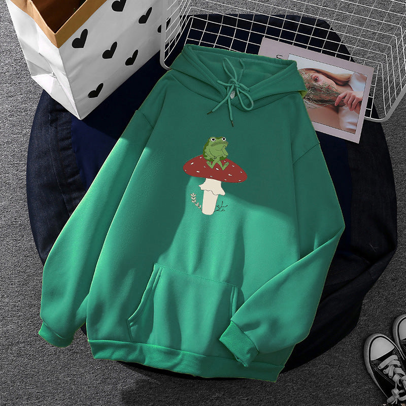 Damen nan oversized Kapuzenpullover mit Kängurutasche und Frosch‑Pilz-Print EB
