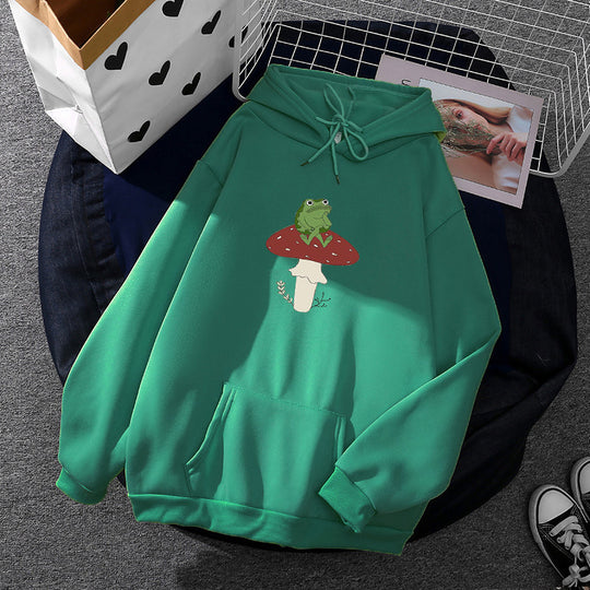 Damen nan oversized Kapuzenpullover mit Kängurutasche und Frosch‑Pilz-Print EB
