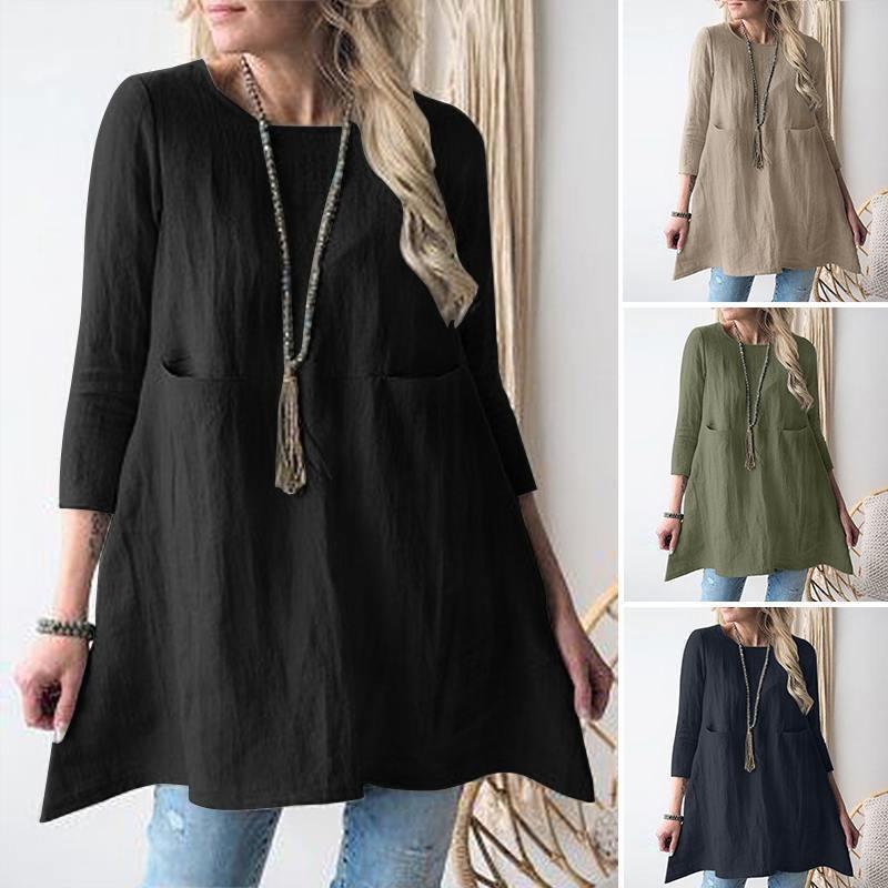 Damen lässiges Tunika-Kleid mit praktischen Taschen und 3/4-Ärmeln EB