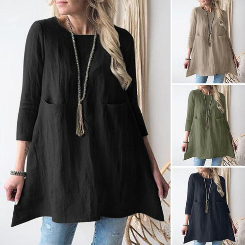 Damen lässiges Tunika-Kleid mit praktischen Taschen und 3/4-Ärmeln EB