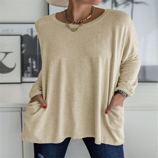 Damen nan oversized Longsleeve-Tunika mit Rundhalsausschnitt, überschnittener Schulter und aufgesetzten Taschen EB