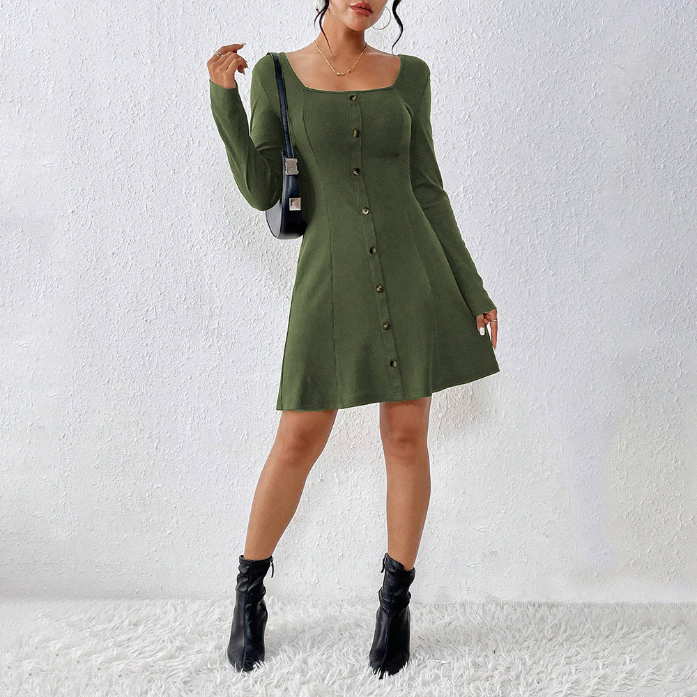 Damen ausgestelltes Strick‑Korsagenkleid mit durchgehender Knopfleiste, Square‑Neck und figurformenden Teilungsnähten Eichborn Berlin