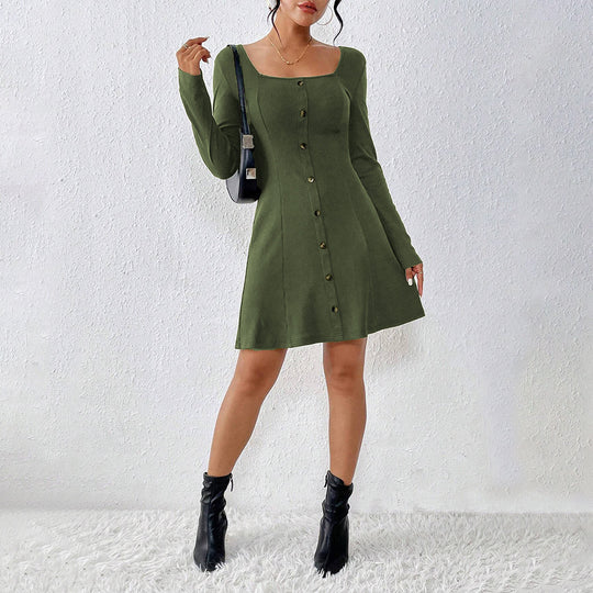 Damen ausgestelltes Strick‑Korsagenkleid mit durchgehender Knopfleiste, Square‑Neck und figurformenden Teilungsnähten Eichborn Berlin