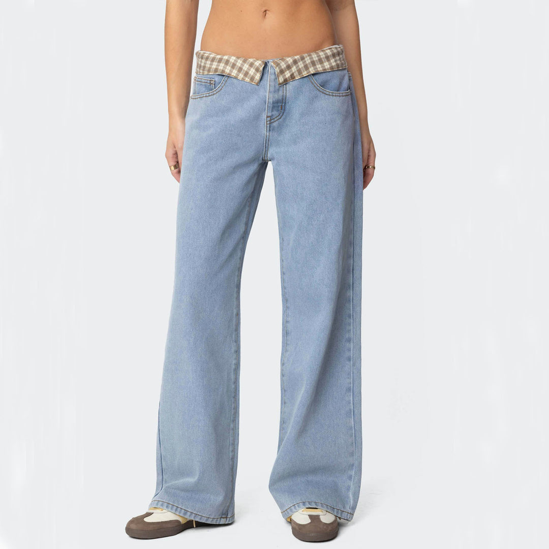 Damen nan weite Schlagjeans mit umgeschlagenem Karobund und klassischem Five-Pocket-Schnitt EB