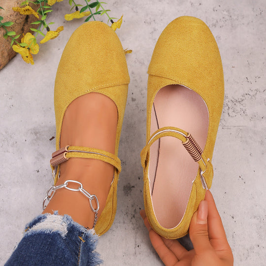 Damen  flache Mary-Jane Ballerinas aus Veloursimitat mit elastischem Zierband und gepolsterter Komfortinnensohle EB