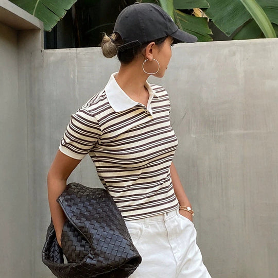 Damen Polo Shirt mit gestreiftem Design und feiner Rippstruktur EB